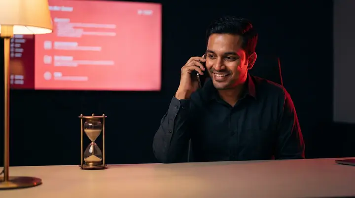 a smiling salesman on a phone call at night, an hourglass on the desk and a red screen of sorted leads behind him
