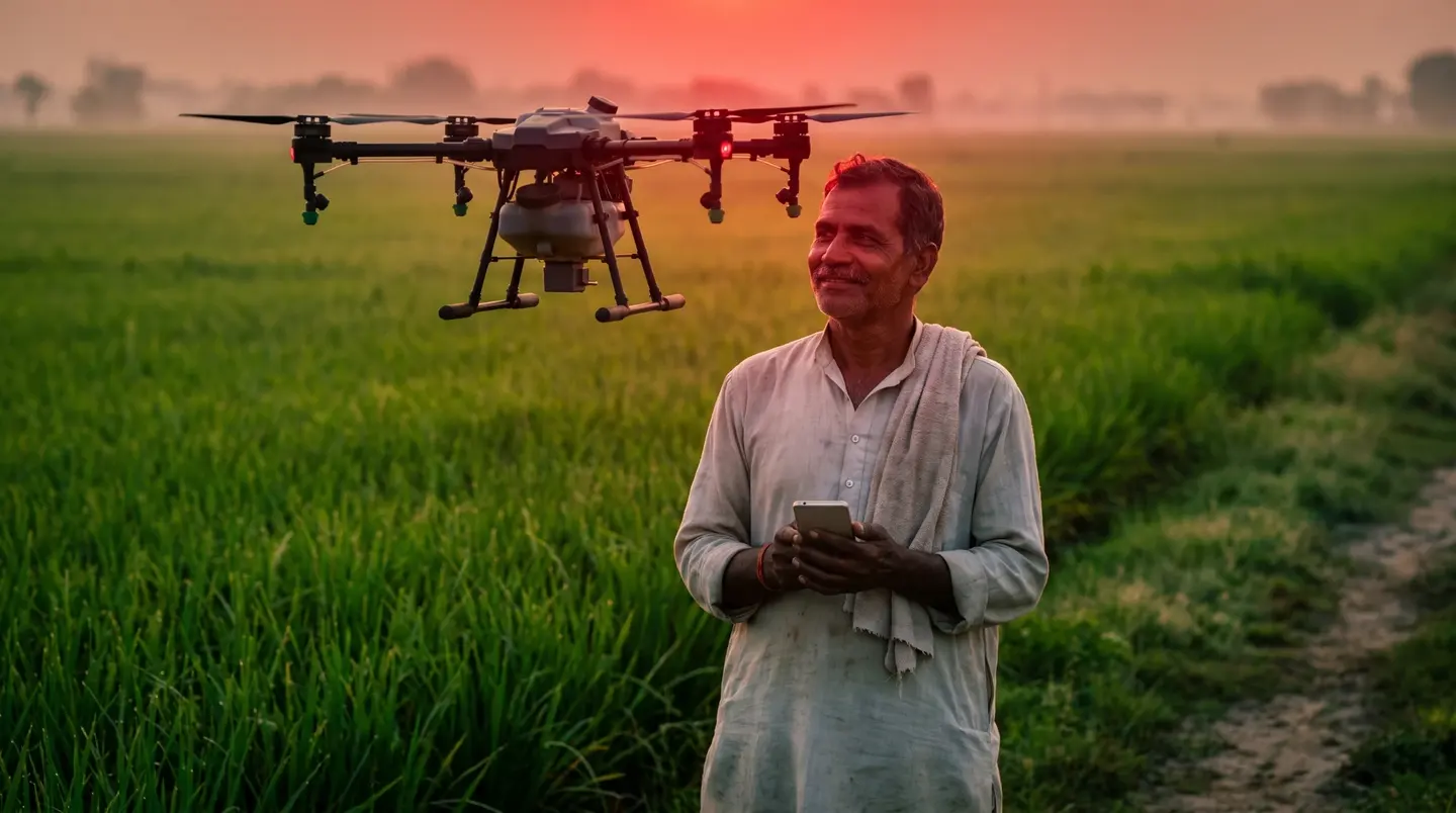 a smiling farmer holding a phone in a paddy field at dawn as an agricultural spraying drone hovers beside him