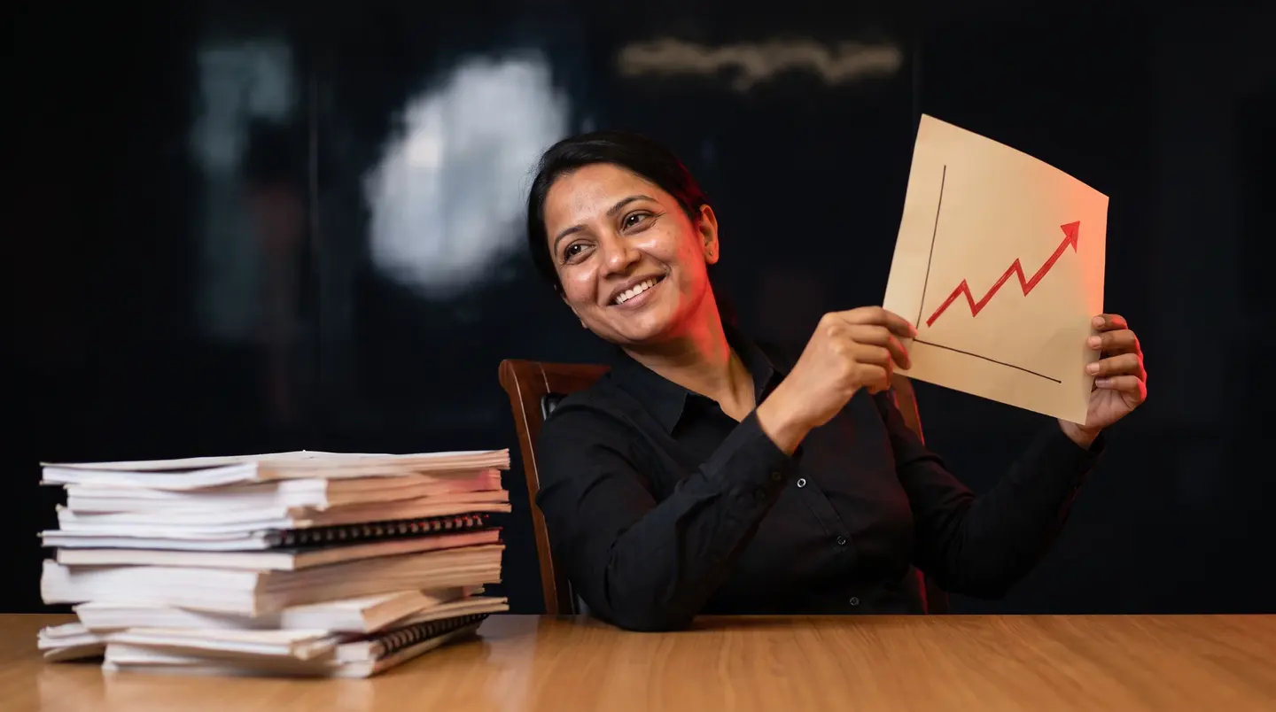 a founder smiling as she holds up a one-page chart next to a tall stack of printed slide decks