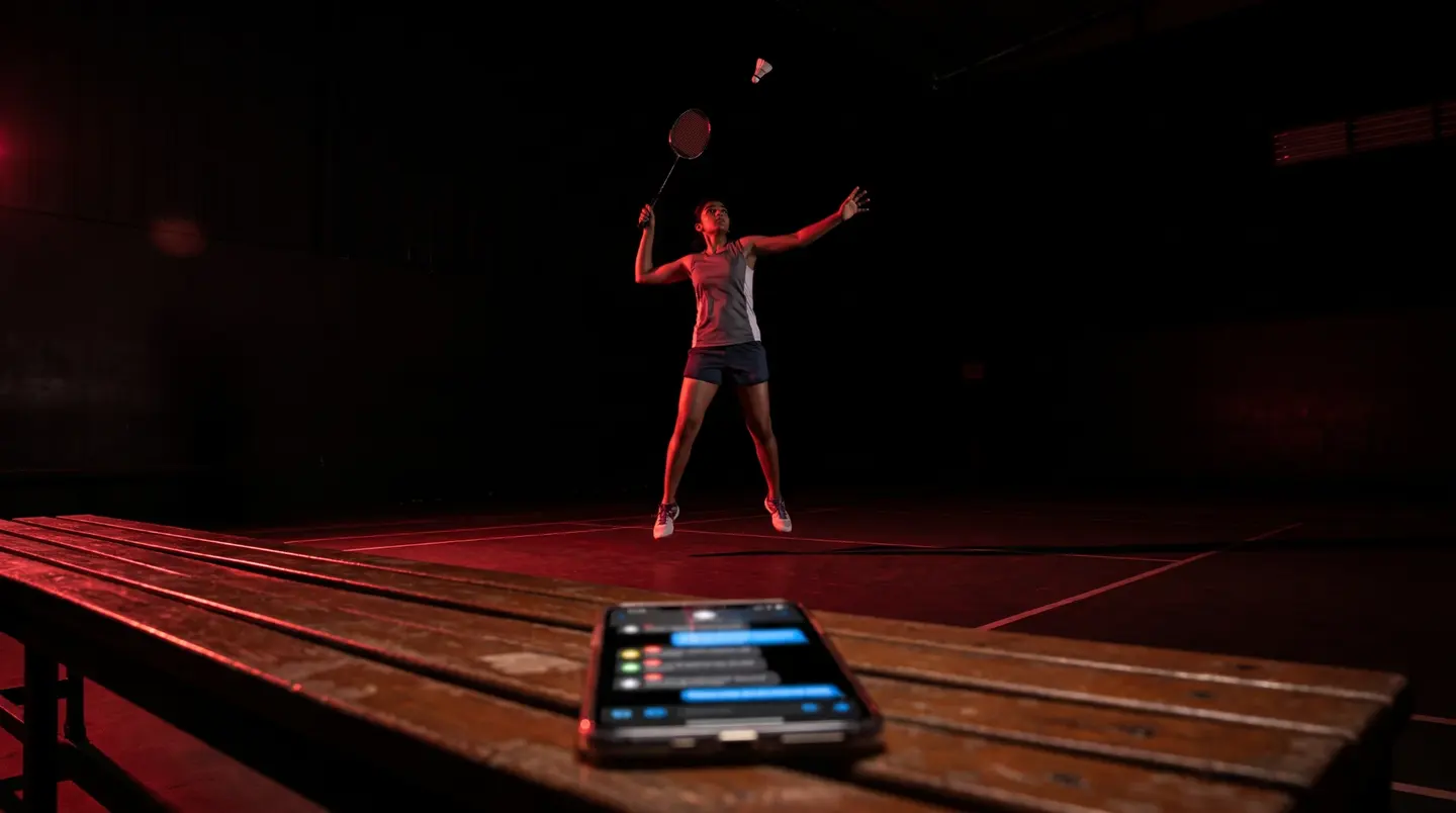 a badminton player mid-smash on a dark court while a phone on the bench lights up with new chats