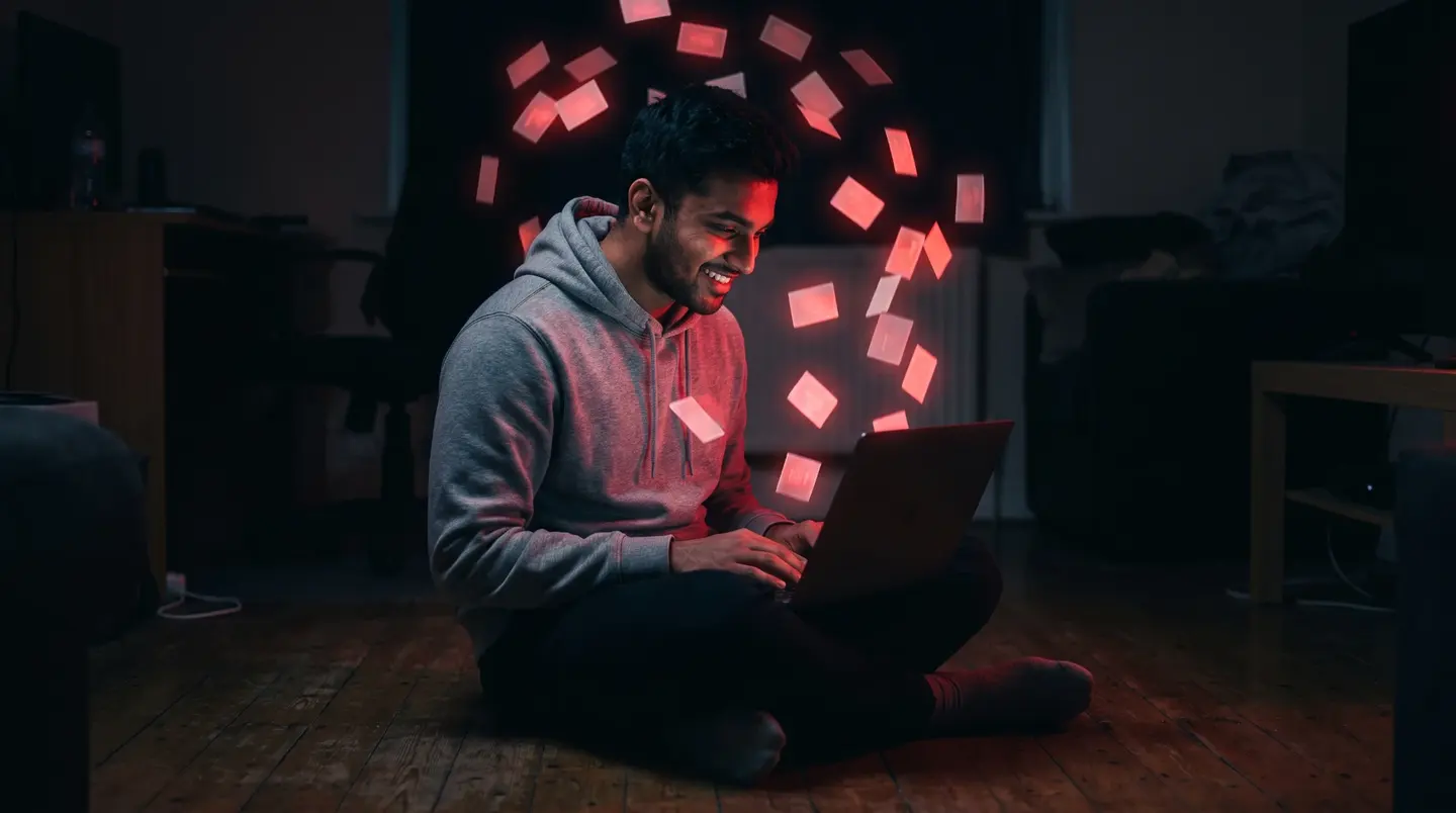 a smiling graduate on the floor with a laptop as glowing job-application cards float up around him