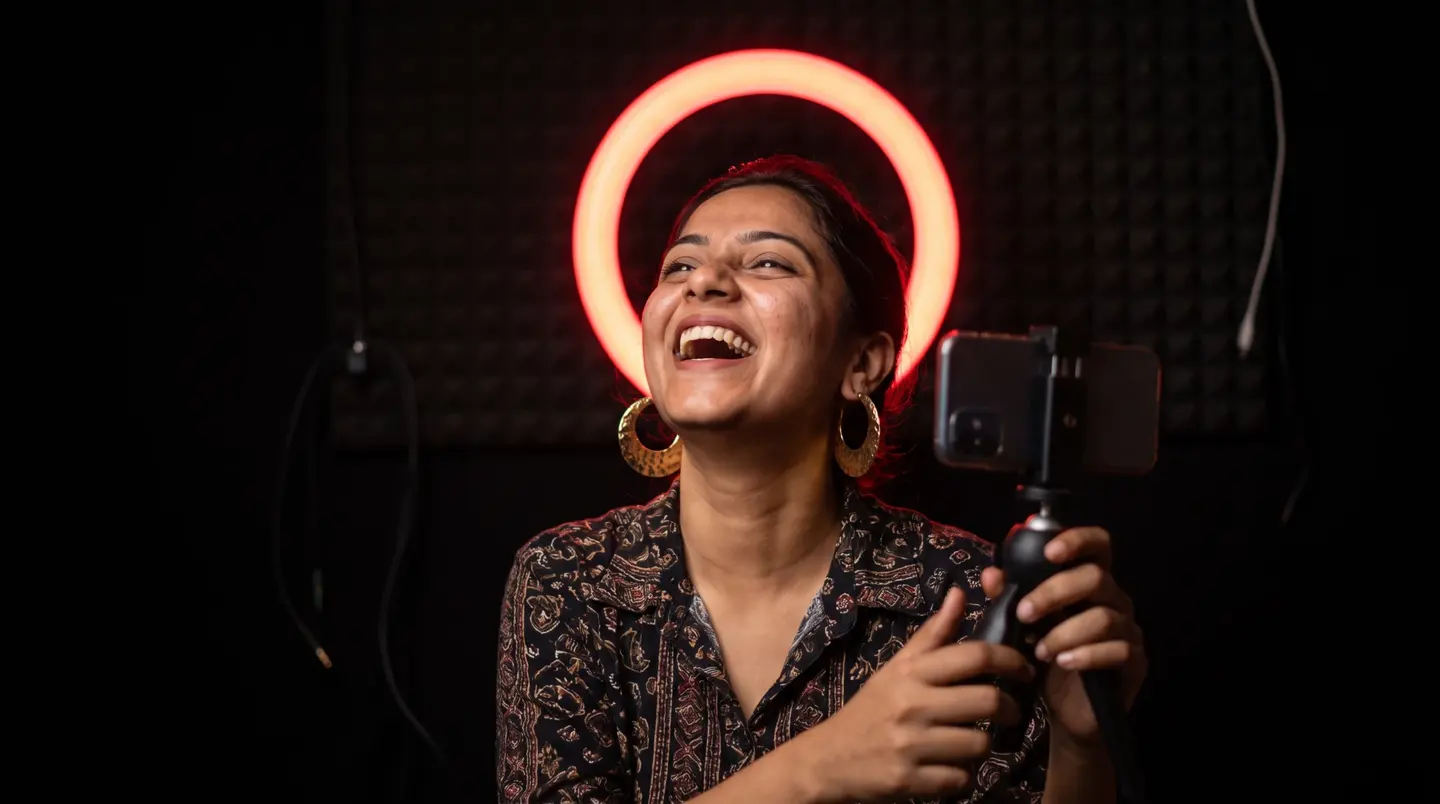 a creator laughing while filming herself on a phone under a red ring light