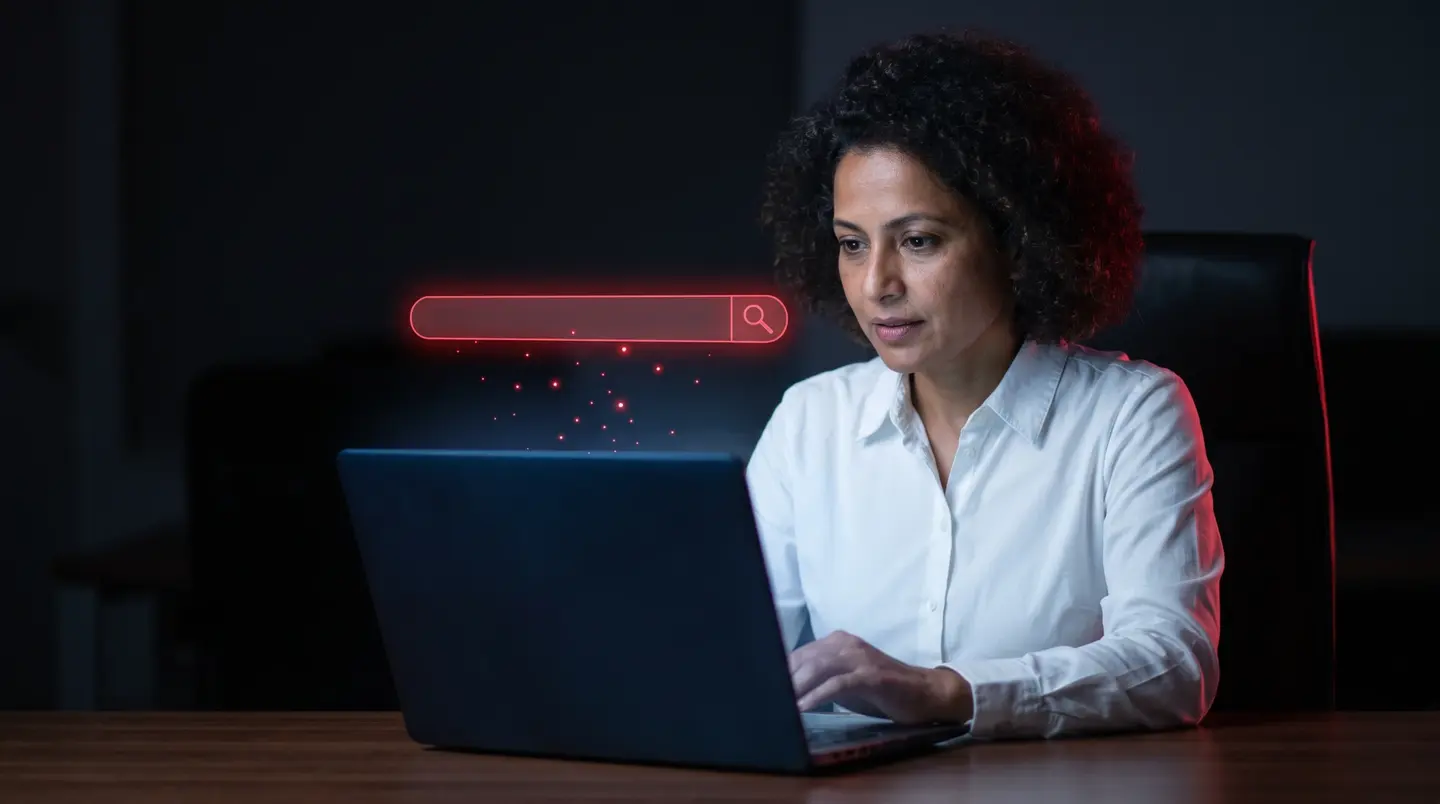 a founder working on a laptop in a dark office as a glowing red search bar floats above the screen