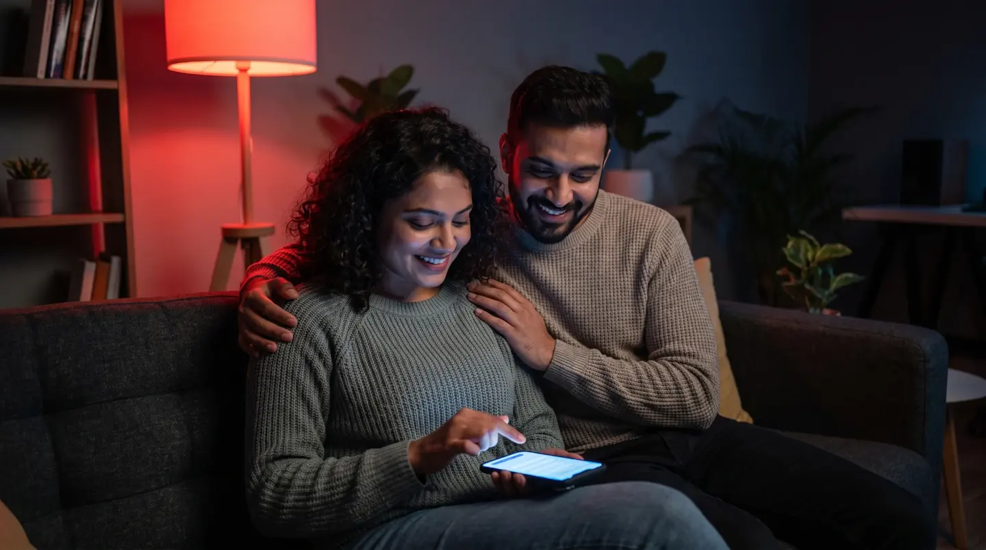 a smiling couple on a sofa filling an enquiry form on a phone, lit by a red lamp