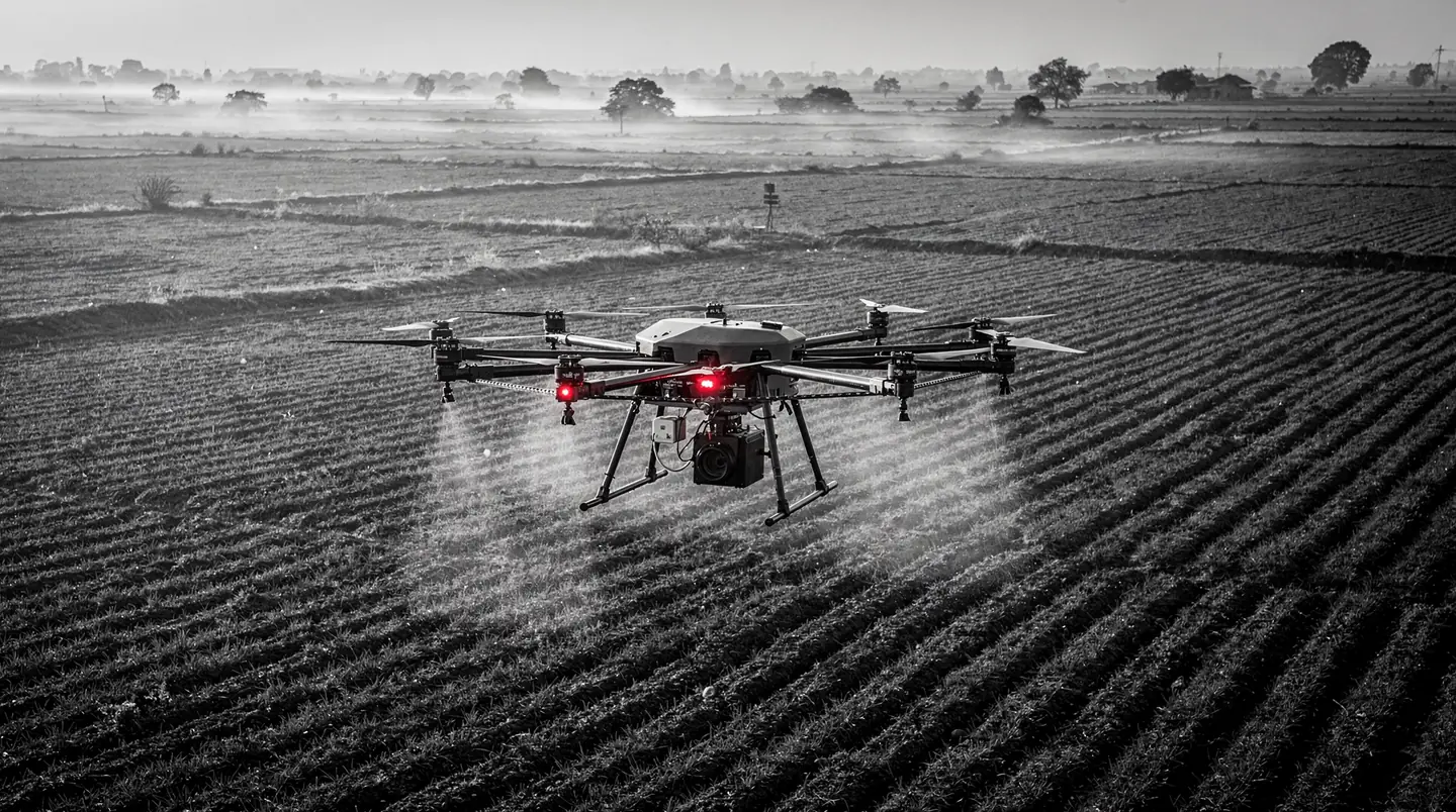 agricultural spraying drone flying low over farmland at dawn