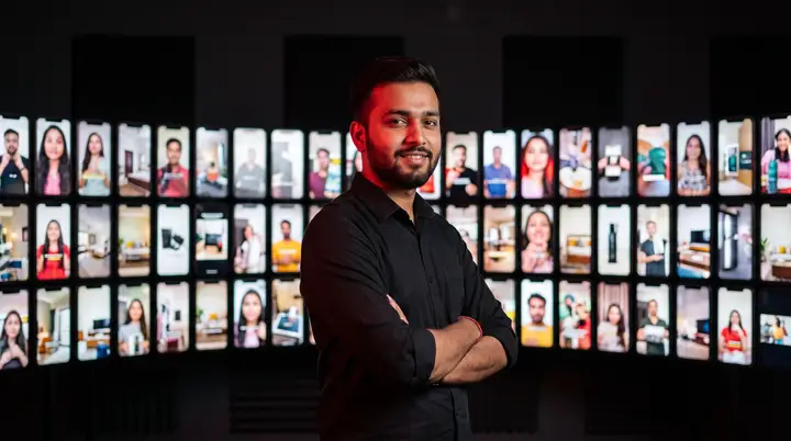 a performance marketer with arms crossed in front of a curved wall of phones showing many different ads