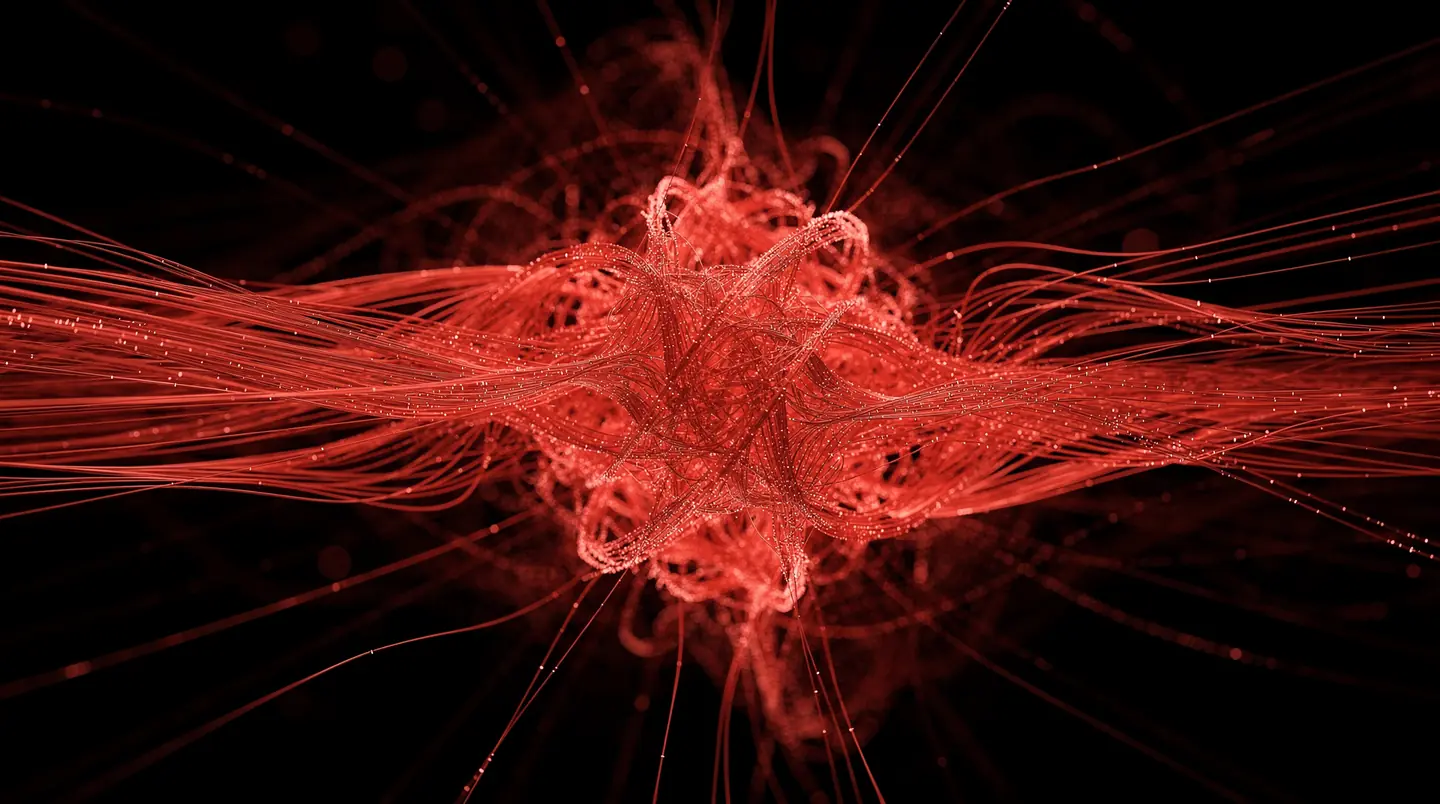 red light threads converging into a dense knot on black