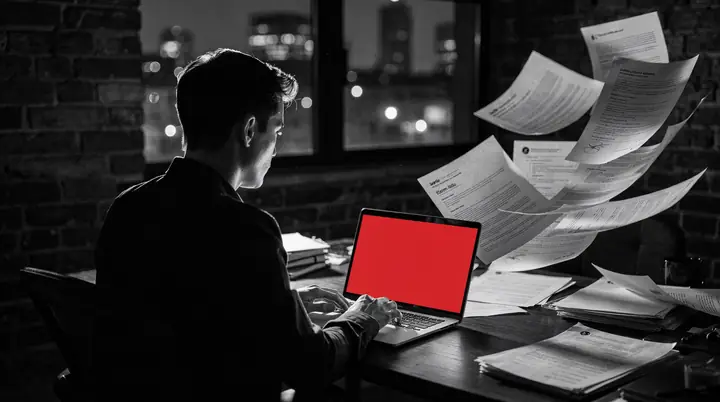 a job seeker at a laptop at night with resumes flying off the desk