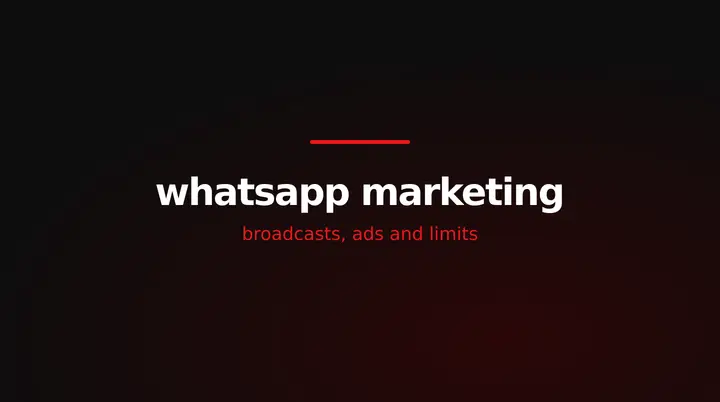 red and white title card reading whatsapp marketing, broadcasts, ads and limits