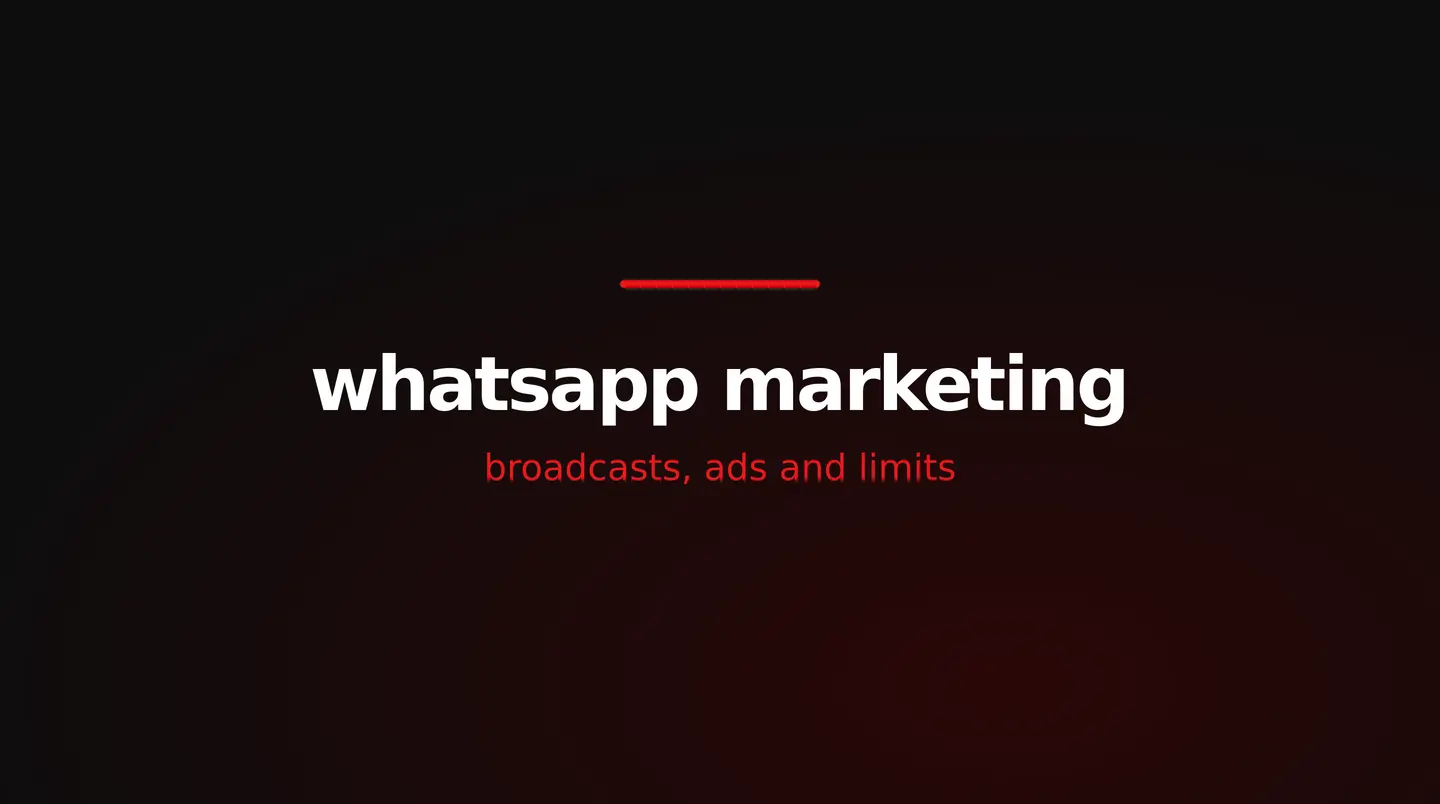 red and white title card reading whatsapp marketing, broadcasts, ads and limits