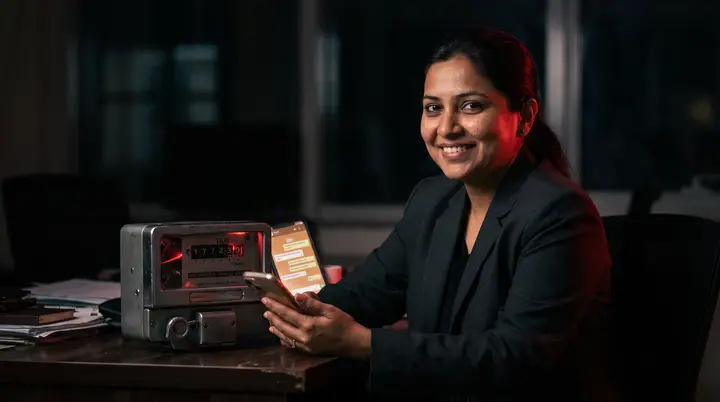 a smiling sales manager at her desk at night holding a phone full of customer chats, a red-lit taxi meter beside her