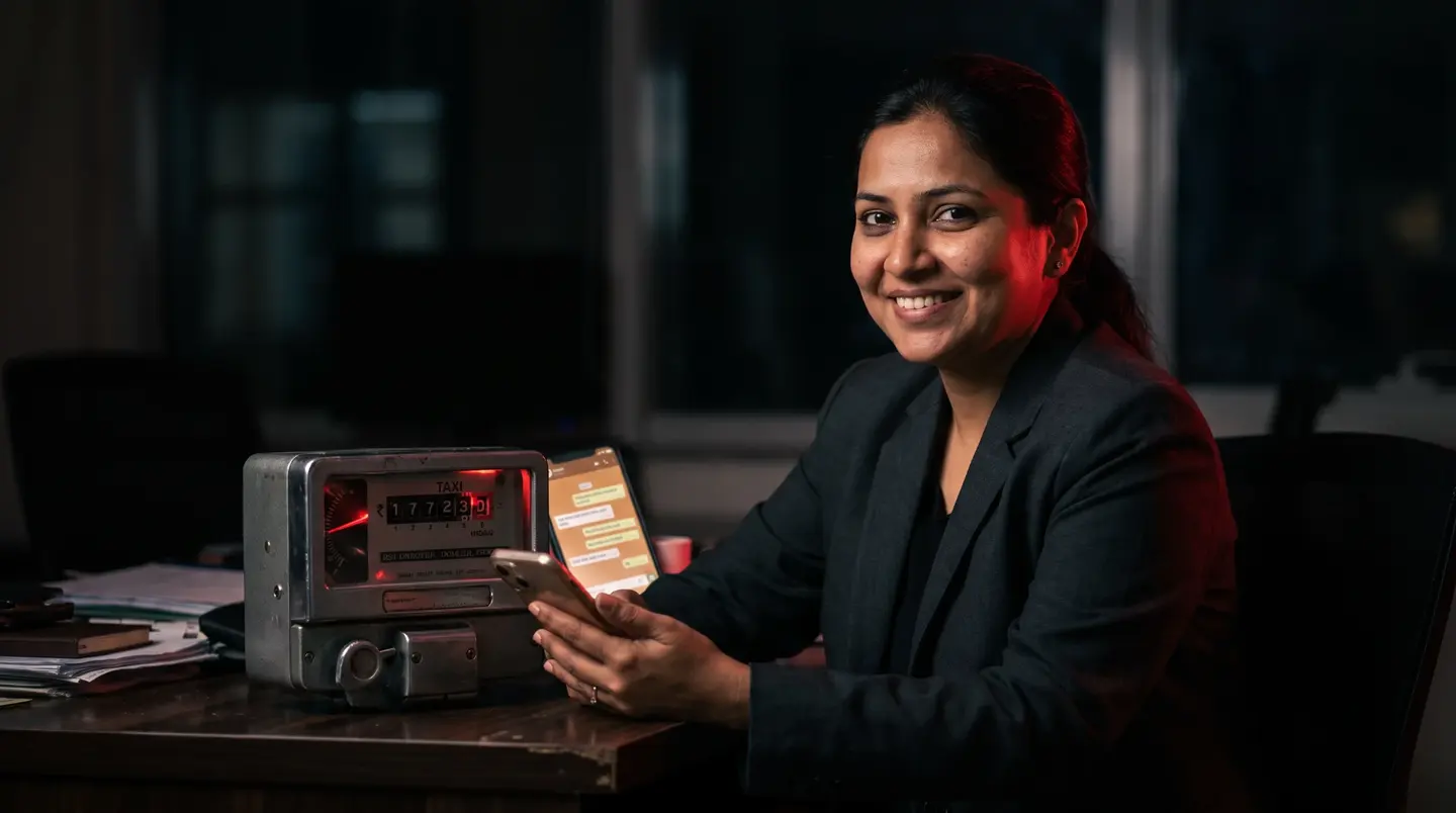 a smiling sales manager at her desk at night holding a phone full of customer chats, a red-lit taxi meter beside her